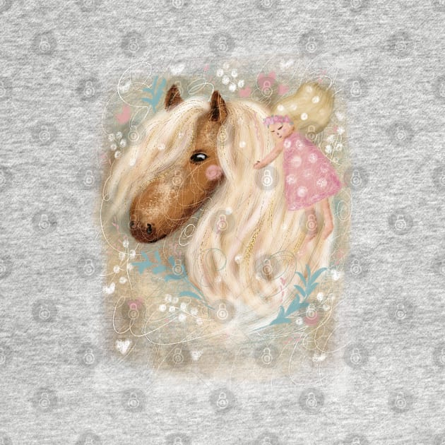 Cute dreaming romantic horse with flowers and a little girl. by Olena Tyshchenko